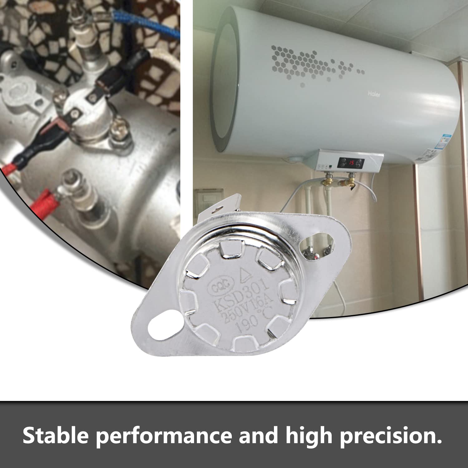 KSD301 190°c Normally Closed Thermostat Thermal Temperature Switch Nc - shown as a silver metal component with mounting holes, alongside an inset view of it installed on a water heater.