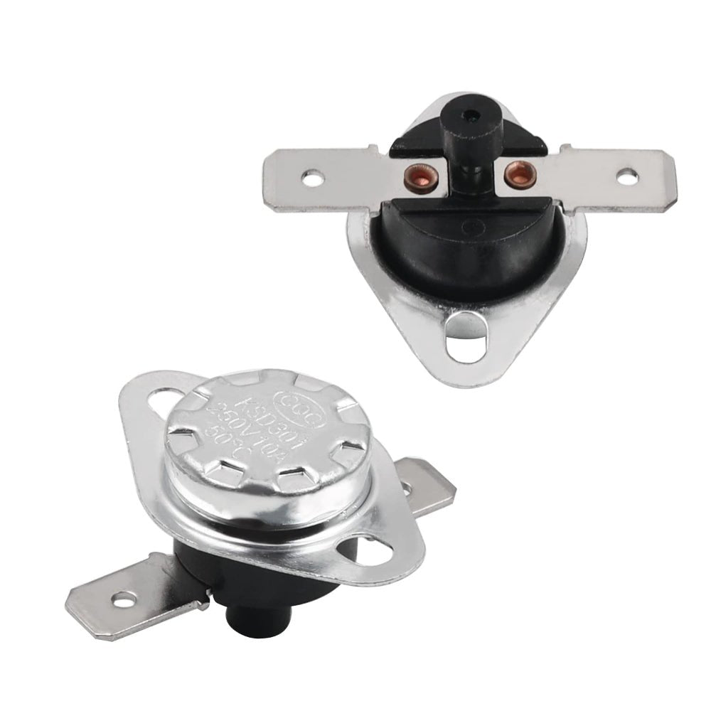 KSD301 Temperature Switch 45°c Thermostat Bimetal Thermal Protector (appliance Safety) - two silver and black bimetal thermostats with metal mounting flanges and two electrical terminals each.