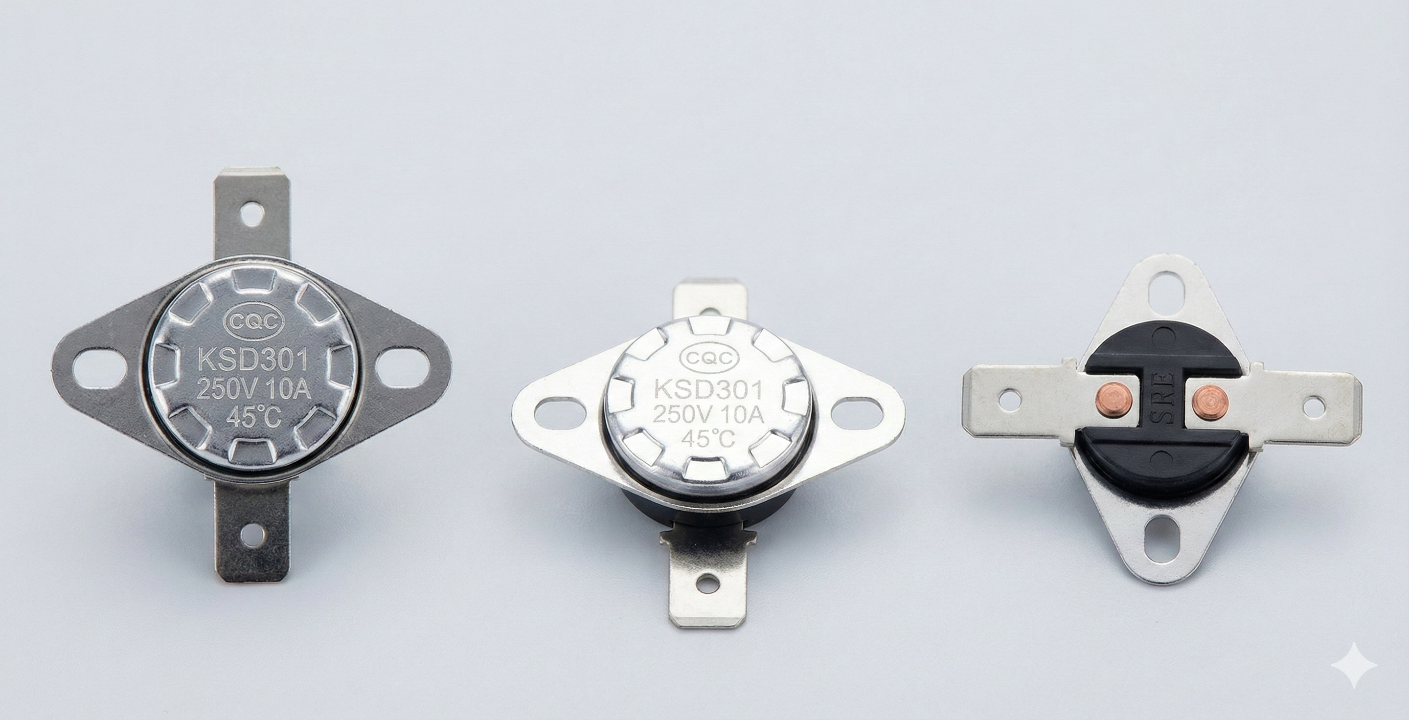 KSD301 Temperature Switch 45°c Thermostat Bimetal Thermal Protector (appliance Safety) - three silver and black metal bimetal thermal protectors with two mounting holes and two terminal pins.