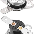 KSD301 Thermostat 40°c/104°f 10A Normally Open N.o Adjust Snap Disc Temperature Switch - two views of a silver and black snap disc temperature switch with two metal terminals and mounting flanges.