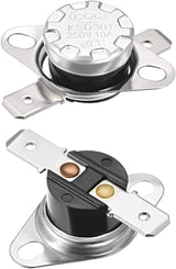 KSD301 Thermostat 40°c/104°f 10A Normally Open N.o Adjust Snap Disc Temperature Switch - two views of a silver and black snap disc temperature switch with two metal terminals and mounting flanges.