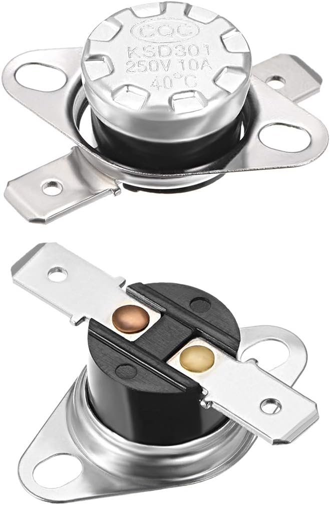 KSD301 Thermostat 40°c/104°f 10A Normally Open N.o Adjust Snap Disc Temperature Switch - two views of a silver and black snap disc temperature switch with two metal terminals and mounting flanges.