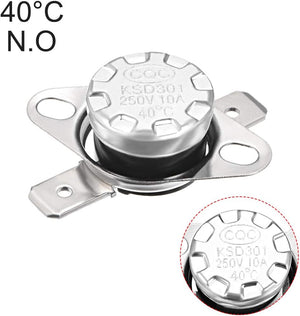 KSD301 Thermostat 40°c/104°f 10A Normally Open N.o Adjust Snap Disc Temperature Switch - a silver metal snap disc temperature switch with two electrical terminals and a close-up inset showing the 40°C, 250V, 10A markings.