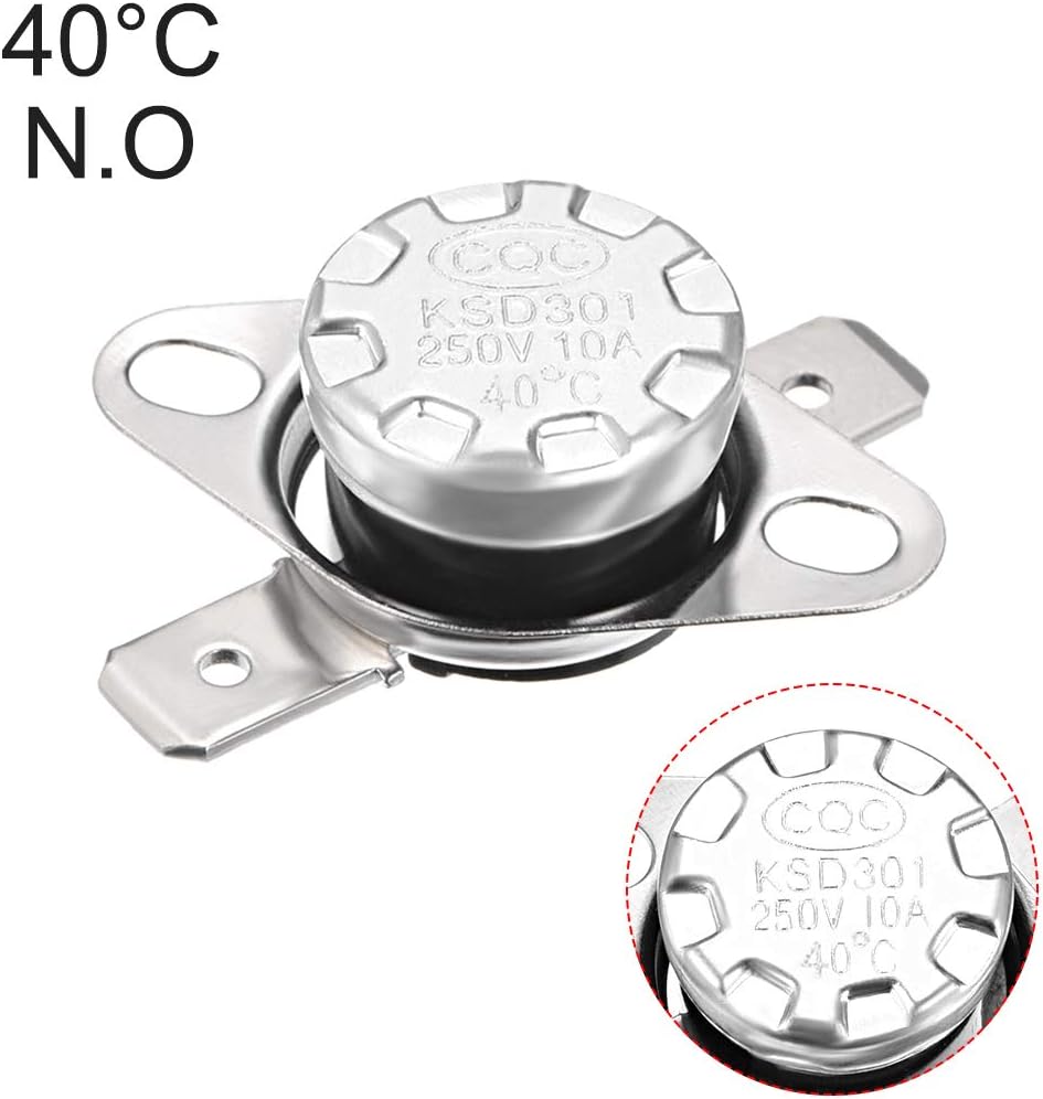 KSD301 Thermostat 40°c/104°f 10A Normally Open N.o Adjust Snap Disc Temperature Switch - a silver metal snap disc temperature switch with two electrical terminals and a close-up inset showing the 40°C, 250V, 10A markings.