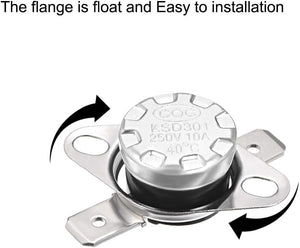 KSD301 Thermostat 40°c/104°f 10A Normally Open N.o Adjust Snap Disc Temperature Switch - a silver metal snap disc temperature switch with two electrical terminals and a floating mounting flange, shown on white background.