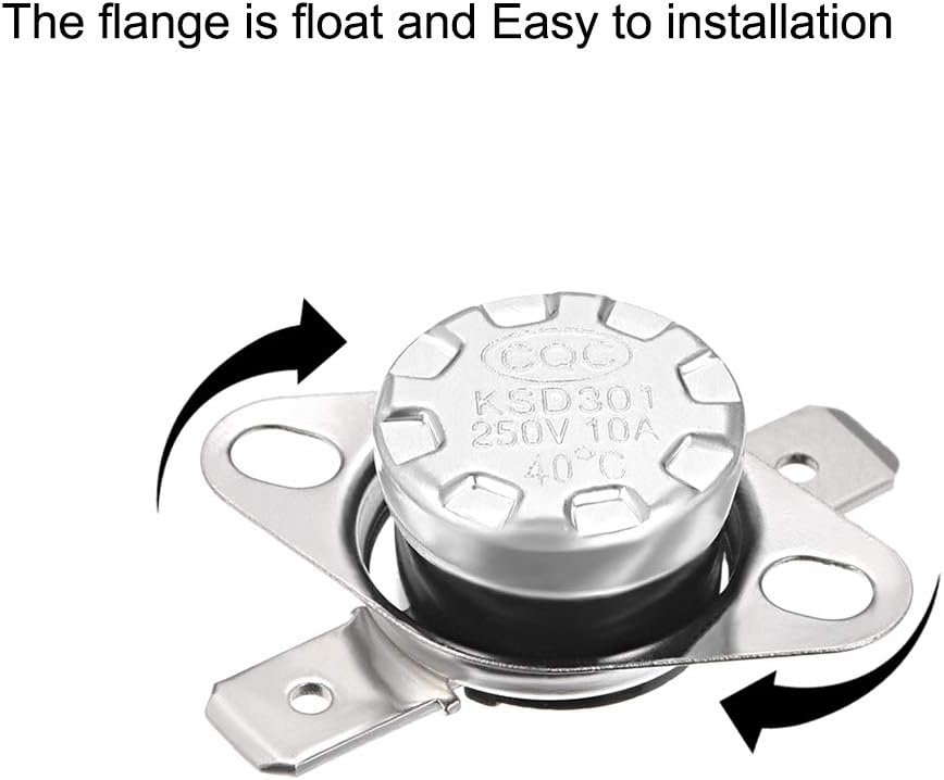 KSD301 Thermostat 40°c/104°f 10A Normally Open N.o Adjust Snap Disc Temperature Switch - a silver metal snap disc temperature switch with two electrical terminals and a floating mounting flange, shown on white background.