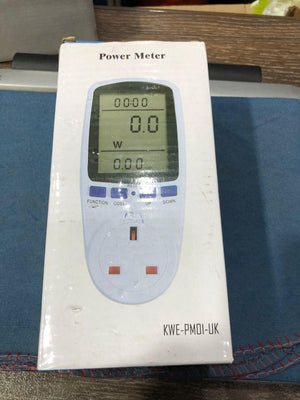 KWE-PM01 Smart Socket For Energy Consumption Measurement - a white power meter with a digital display reading 0.0 W, function buttons, and a UK-style power outlet.