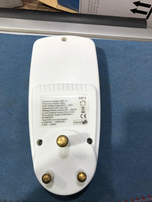 KWE-PM01 Smart Socket For Energy Consumption Measurement - rear view showing a white plastic housing with a three-pin plug, technical specifications label, and Intertek certification mark.