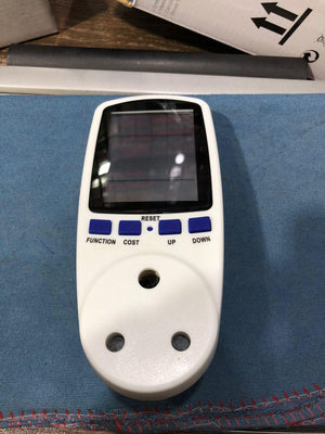 KWE-PM01 Smart Socket For Energy Consumption Measurement - a white energy meter with a blank display, four blue control buttons, a reset hole, and a three-pin power outlet.