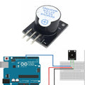 Ky-012 Small Active Buzzer DIY Module - shown as a black component with three pins and a wiring diagram connecting it to an Arduino Uno and breadboard.