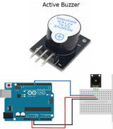 Ky-012 Small Active Buzzer DIY Module - shown as a black component with three pins and a wiring diagram connecting it to an Arduino Uno and breadboard.