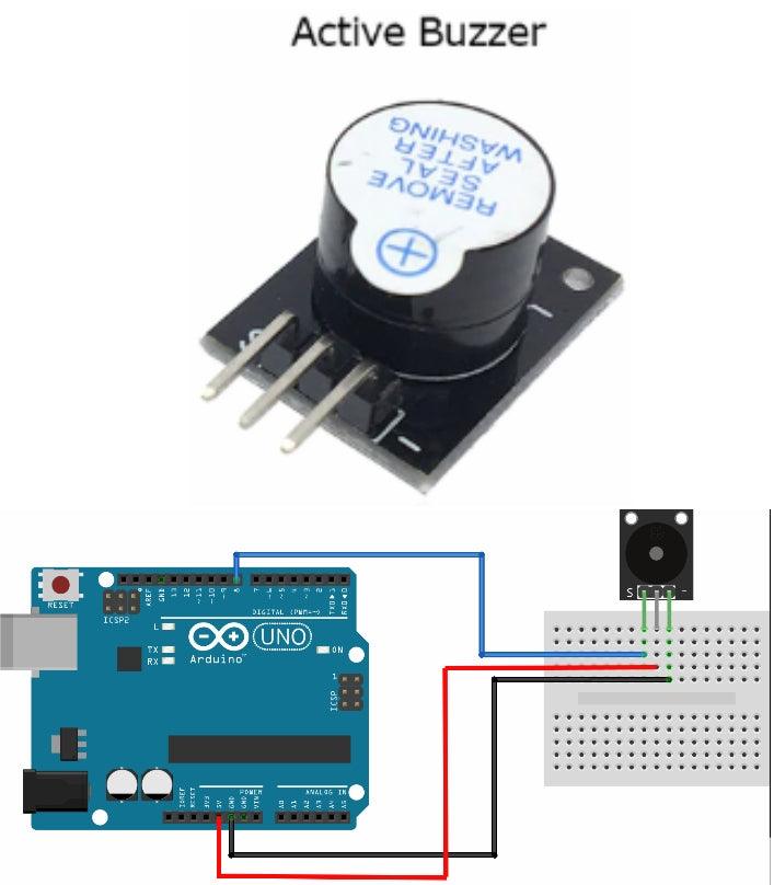 Ky-012 Small Active Buzzer DIY Module - shown as a black component with three pins and a wiring diagram connecting it to an Arduino Uno and breadboard.