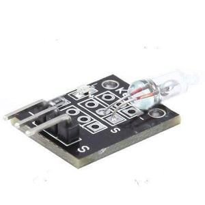 Ky 017 Mercury Medallion Module - a black circuit board with a glass mercury tilt switch, a small surface-mount LED, and three metal connector pins.