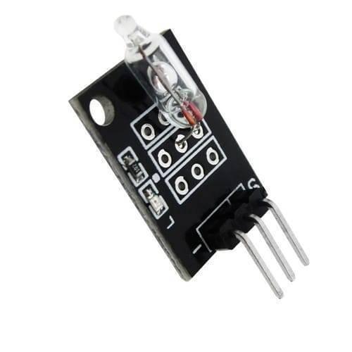 Ky 017 Mercury Medallion Module - a black rectangular circuit board with a glass mercury tilt switch and three metal pins extending from the bottom.