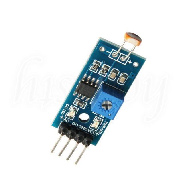 Ky-018 LDR Light Sensor Module - a blue circuit board with a light-dependent resistor, a potentiometer, and four output pins labeled AO, DO, GND, VCC.