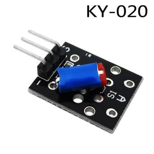 Ky-020 Tilt Switch Module - shown as a black rectangular circuit board with a blue component, three metal pins, and printed labels.
