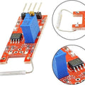 Ky-025 Reed Switch Sensor - the red circuit board, blue potentiometer, LM393 chip, four-pin connector, and a close-up of the glass reed switch.