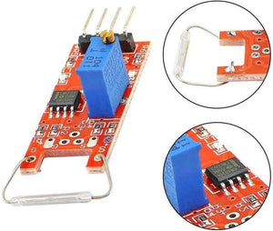 Ky-025 Reed Switch Sensor - the red circuit board, blue potentiometer, LM393 chip, four-pin connector, and a close-up of the glass reed switch.