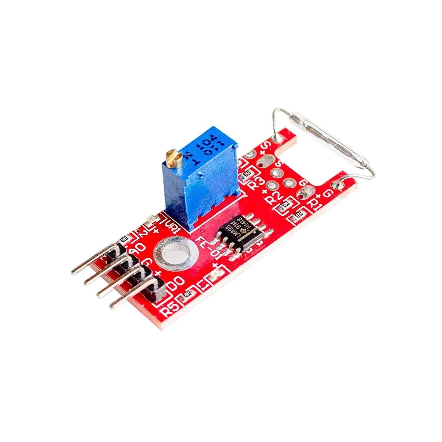 Ky-025 Reed Switch Sensor - module on a red PCB with a blue potentiometer, a glass reed switch, an LM393 chip, and four output pins.