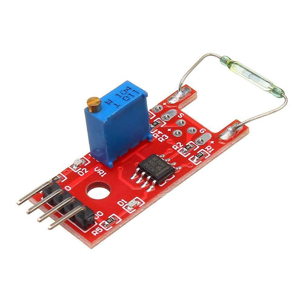 Ky-025 Reed Switch Sensor - a red circuit board, a blue potentiometer, a glass reed switch, and a four-pin header connector.