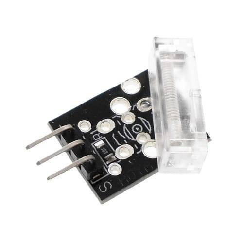 Ky-031 Ky 031 Knock Sensor Module Tap Sensor - a black rectangular circuit board with a three-pin connector and a clear plastic housing containing a spring sensor.