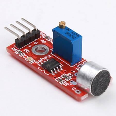 Ky-038 LM393 Sound Detection Module - a red circuit board with a microphone, a blue potentiometer, a black chip, and four connector pins.