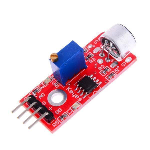 Ky-038 LM393 Sound Detection Module - a red circuit board featuring a microphone, a blue potentiometer, a black chip, and four connector pins.