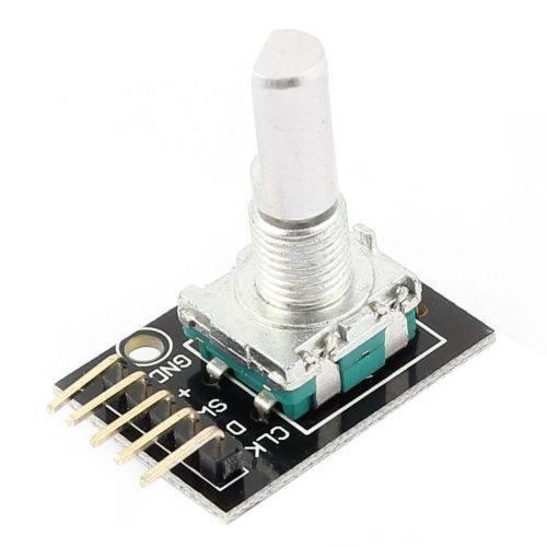 Ky-040 Rotary Encoder Sensor Module With Push Button - silver knob mounted on a black circuit board featuring five gold-colored pins labeled CLK, D, S, +, and GND.