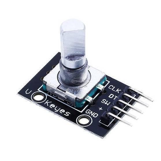Ky-040 Rotary Encoder Sensor Module With Push Button - silver knob mounted on a black circuit board featuring five labeled pin connectors including CLK, DT, and SW.