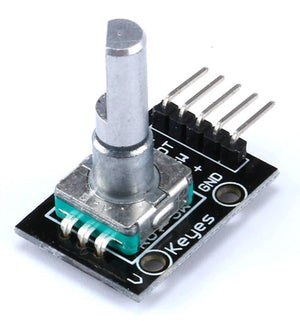 Ky-040 Rotary Encoder Sensor Module With Push Button - silver metal knob on a black circuit board featuring five gold-colored connector pins labeled DT, CLK, SW, +, GND.
