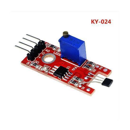 KY024 Magnetic Hall Effect Sensor - module featuring a red PCB, a blue potentiometer, a black sensor component, and four connection pins.