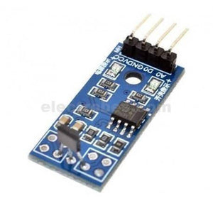 KY024 Magnetic Hall Effect Sensor - a blue rectangular circuit board with a black sensor, an integrated circuit, and four output pins.