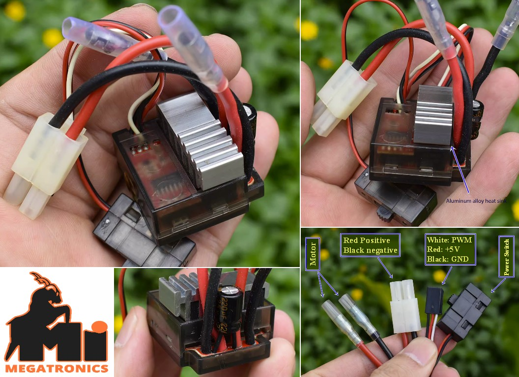 Kyosho Japanese Esc 2s-3s 7.4V 11.1V KTH-60100A-D Brushed Motor Bidirectional Esc 1:10 Scale - the aluminum heat sink, power switch, motor connectors, battery connector, and PWM signal cable.