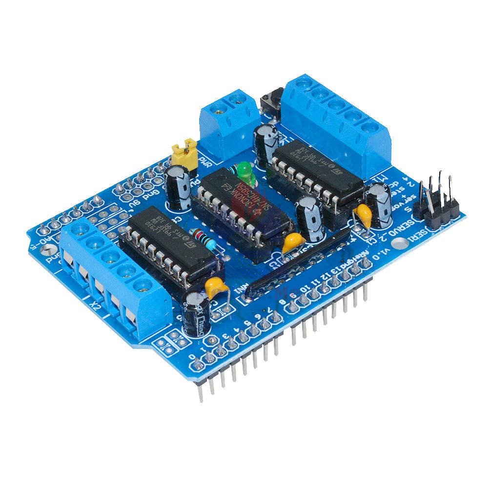 L293 L293D Motor Driver Module Arduino Motor Driver Shield - a blue circuit board featuring two L293D chips, a 74HC595N chip, screw terminals, servo headers, and male pin connectors.