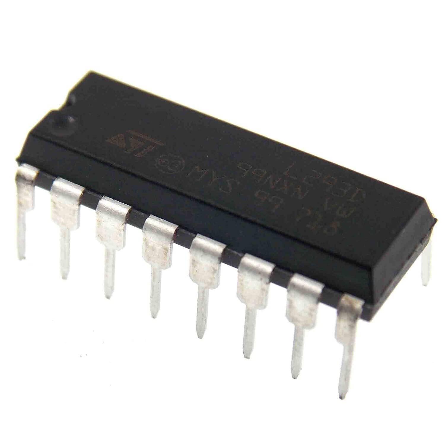 L293D IC Dual H-bridge Motor Driver - shown as a black 16-pin integrated circuit chip with silver metal pins against a white background.