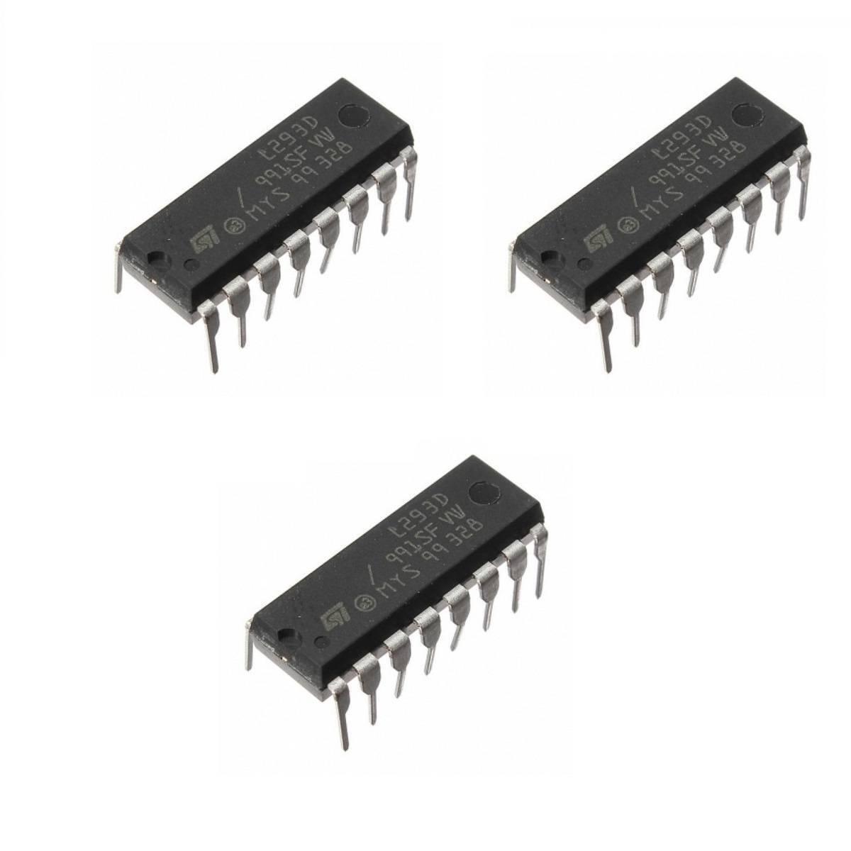 L293D IC Dual H-bridge Motor Driver - shown as three identical black 16-pin integrated circuit chips with silver metal pins arranged on a white background.