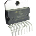 L298N Dual Motor Driver IC - a black rectangular electronic component with a silver metal heat sink and fifteen downward-facing metal connector pins.
