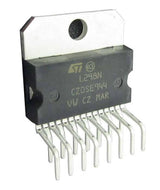L298N Dual Motor Driver IC - a black rectangular electronic component with a silver metal heat sink and fifteen downward-facing metal connector pins.