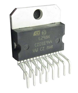 L298N Dual Motor Driver IC - a black rectangular electronic component with a silver metal heat sink and fifteen downward-facing metal connector pins.