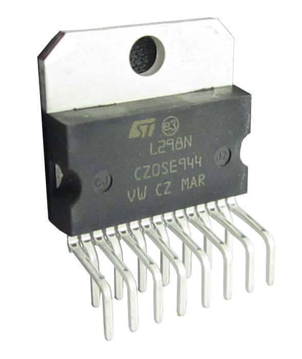 L298N Dual Motor Driver IC - a black rectangular electronic component with a silver metal heat sink and fifteen downward-facing metal connector pins.