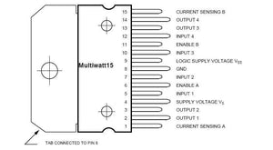 L298N Dual Motor Driver IC - a technical diagram of the Multiwatt15 package showing the pinout configuration and labels for inputs, outputs, and supply.