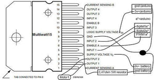 L298N Dual Motor Driver IC - shown as a black-and-white technical wiring diagram illustrating pin connections to an Arduino and a 9v battery.