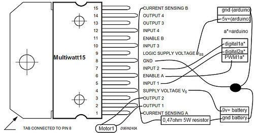 L298N Dual Motor Driver IC - shown as a black-and-white technical wiring diagram illustrating pin connections to an Arduino and a 9v battery.