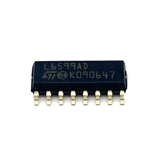 L6599AD High-voltage Resonant Controller - a black integrated circuit chip with sixteen gold-colored pins arranged in two rows on a white background.