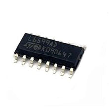 L6599AD High-voltage Resonant Controller - a black integrated circuit chip with sixteen metal pins, shown from an angled perspective against a white background.