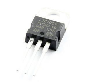 L7810 Voltage Regulator - L7810CV voltage regulator in a black TO-220 package with three silver pins and a metal mounting tab, viewed from a slightly elevated angle.