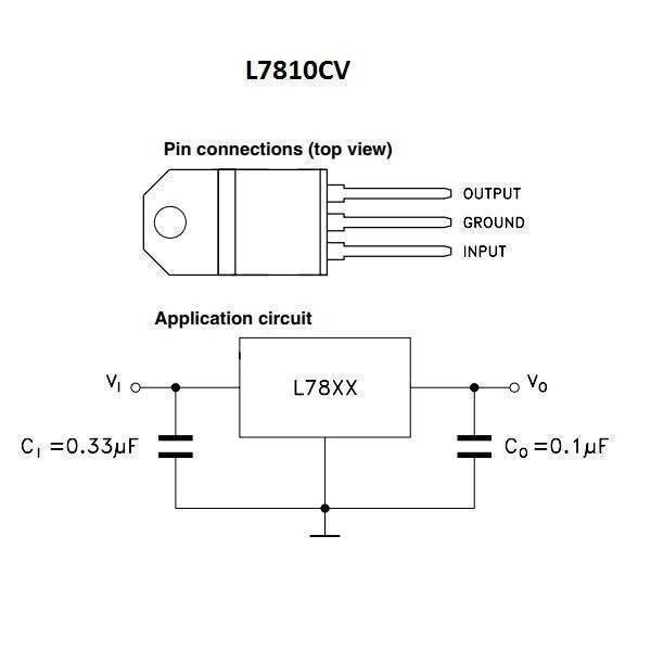 L7810 Voltage Regulator - the top view of the component's pin connections and a schematic of its standard application circuit.