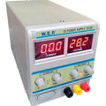 Laboratory Power Supply Wep 3010D 30V 10A - a grey benchtop unit with digital displays showing 00.0 A and 28.2 V, control knobs, and three output terminals.