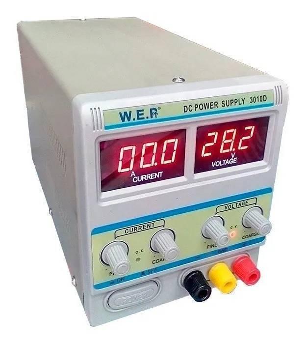 Laboratory Power Supply Wep 3010D 30V 10A - a grey benchtop unit with digital displays showing 00.0 A and 28.2 V, control knobs, and three output terminals.