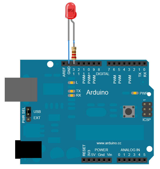 Large 10mm Red LED - connected to an Arduino board via a resistor and jumper wires, showing the LED inserted into the digital pin 12 and GND ports.